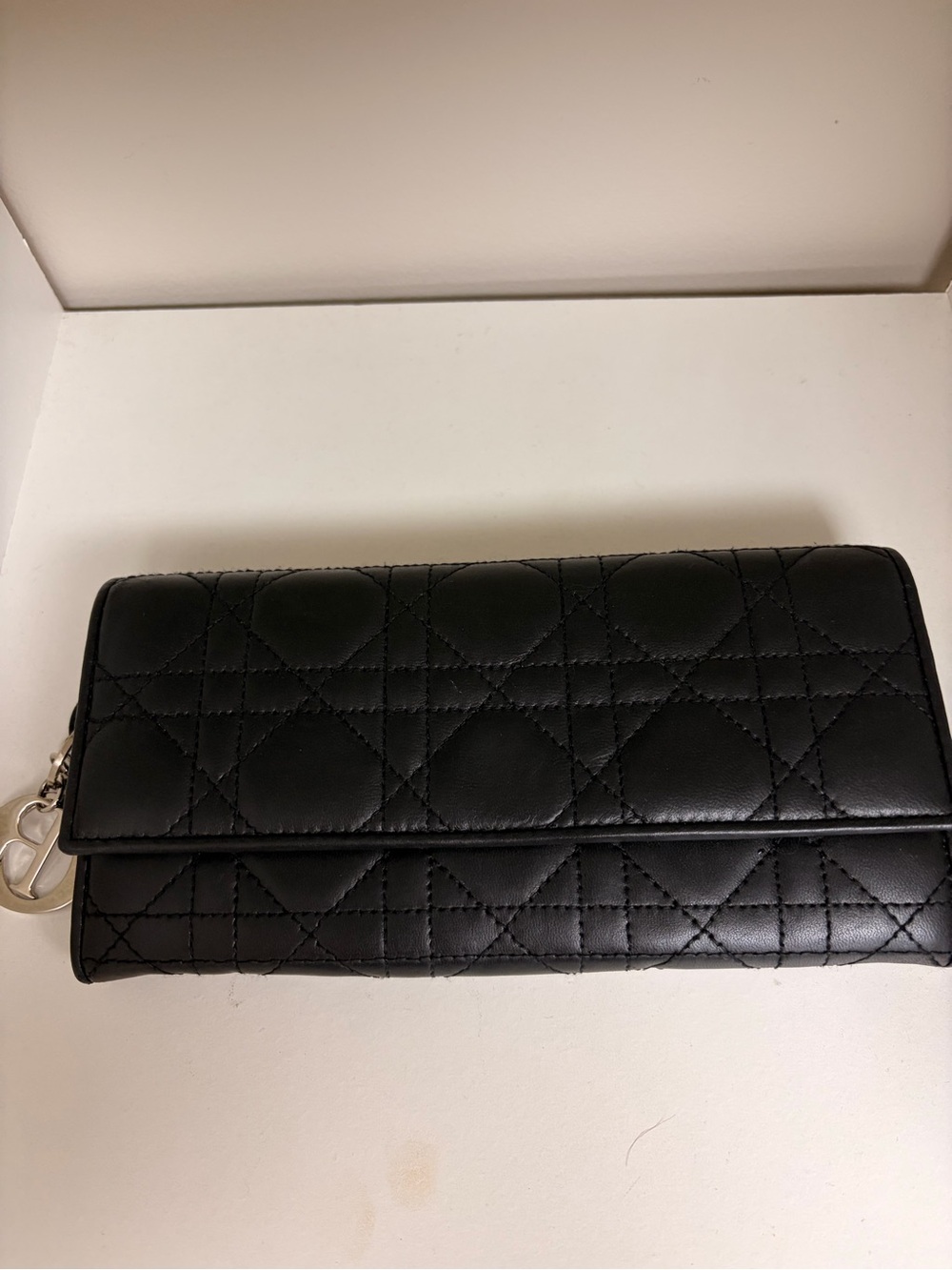 Dior Black Quilted Leather Continental Wallet with Silver Charm